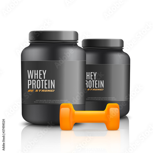 Black protein powder container mockup and dumbbell
