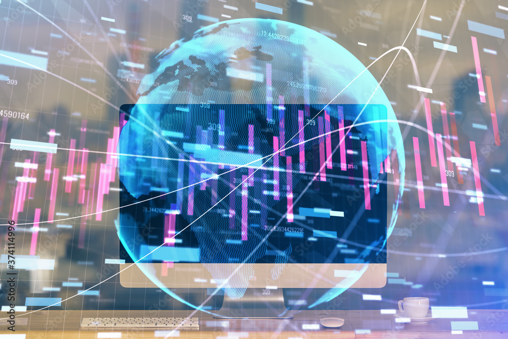Double exposure of forex chart and work space with computer. Concept of international online trading. Double exposure of forex chart and work space with computer. Concept of international online trading.