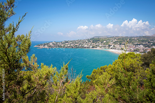 Panoramic landscape of Serapo Beach, one of the most beautiful sand beaches of the Mediterranean Sea. Gaeta, Italy