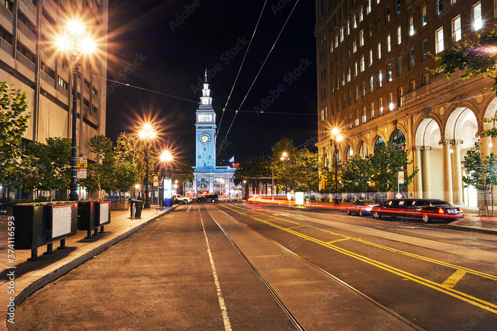 Looking down Market Street to the Ferry Building in San Francisco with long exposure