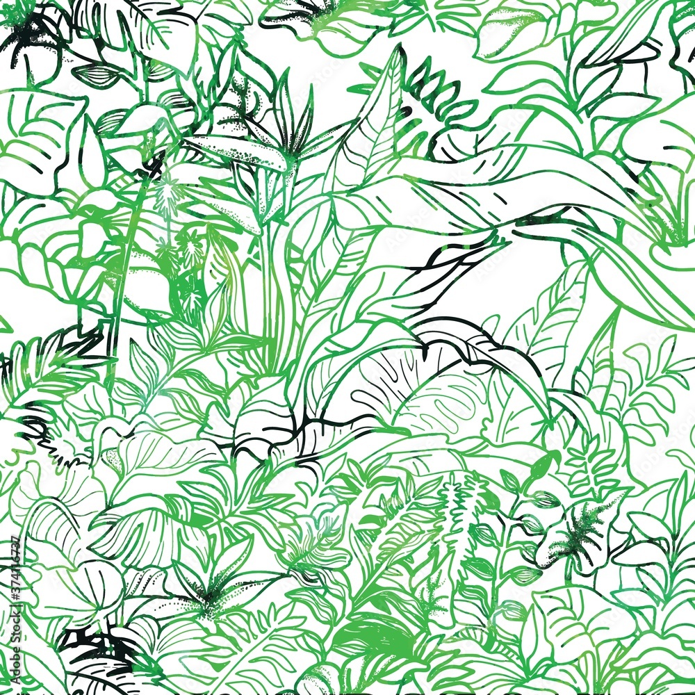 Jungle seamless pattern. Tropical Paste. Ferns Strelitzia, liana pattern. Freehand drawing.