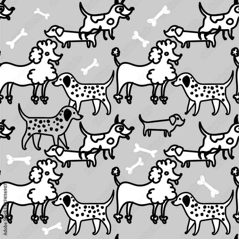 Obraz premium Seamless pattern with dogs. Children's coloring, meditative coloring. Chihuahua, Rottweiler and Labrador. Meditative pattern. Dots, stripes, wool.