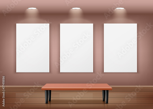 An illustration of the gallery interior with three empty frames on the wall.