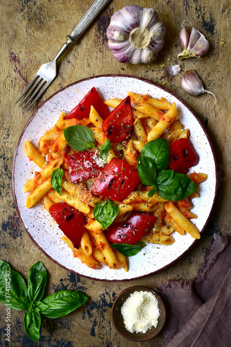 Penne pasta with tomato sauce and grilled bell pepper. Top view with copy space.