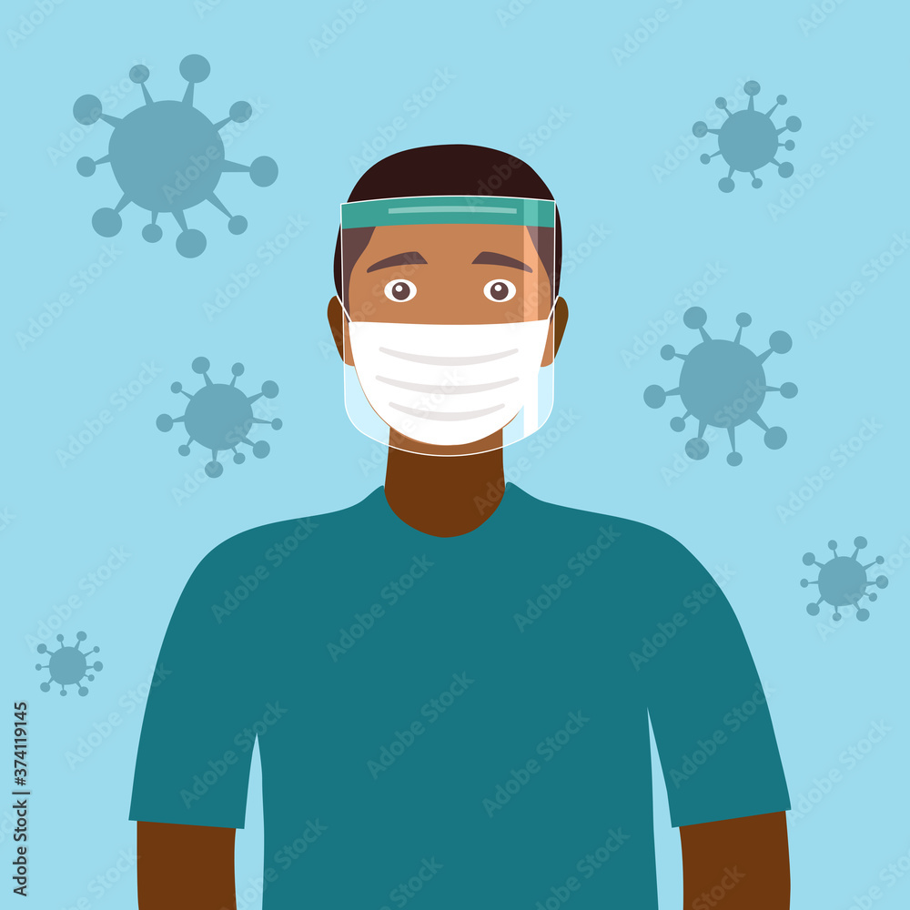 A young black man wearing face mask and a plastic medical face shield. Close up shot guy face wearing Covid-19 coronavirus protective mask. Healthcare equipment concept. A young black man wearing face mask and a plastic medical face shield. Close up shot guy face wearing Covid-19 coronavirus protective mask. Healthcare equipment concept.