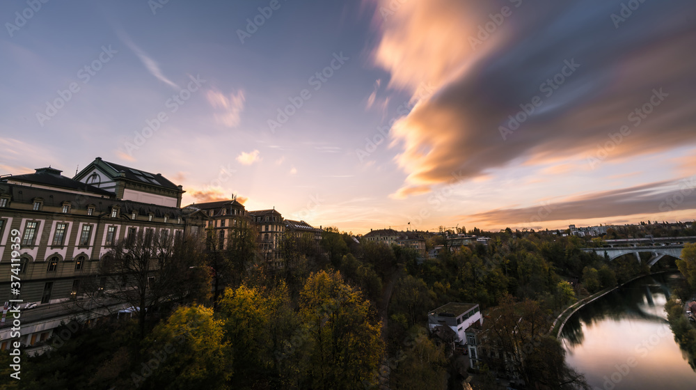 Beautiful landscape old city of Bern Switzerland against sky and sunset