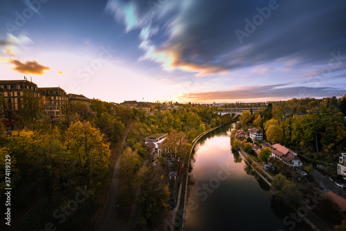 Beautiful city landscape top view of Bern Switzerland by sunset against sky