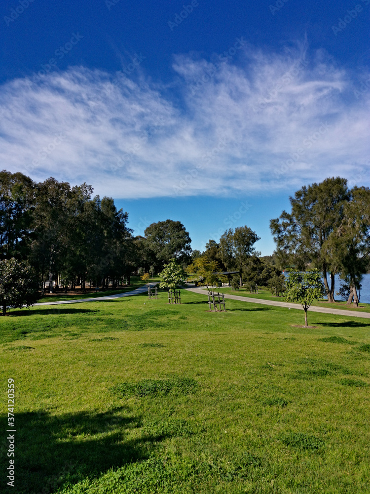 Beautiful view of a park with green grass, tall trees and paved trail for walking and cycling, Reid Park, Parramatta Cycleway, Rydalmere, Sydney, New South Wales, Australia
