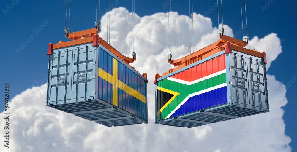 Freight containers with Sweden and South Africa national flags. 3D Rendering 