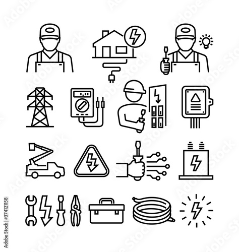 Electricity Electrician Technician Electrical Equipment Vector Line Icons