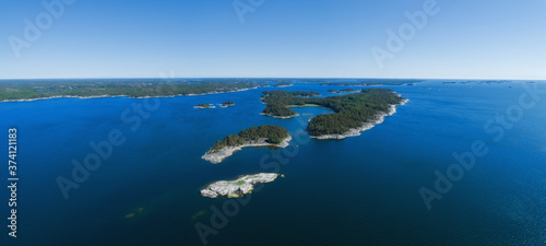 Aerial panoramic summer view of islands in Baltic Sea, Saaristomeri, Finland