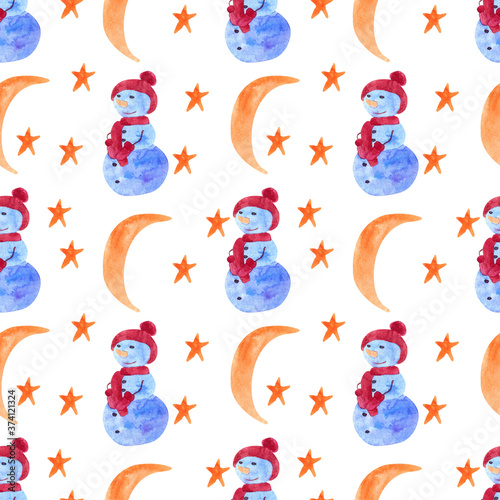 New Year watercolor illustration seamless pattern on white background. For printing postcards, fabric and wrapping paper