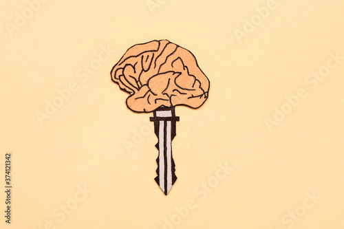 Paper human brain with key on color background photo