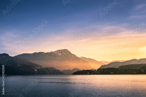 Beautiful landscape nature sunset include mountain lake against sky of Luzern Switzerland © iven401
