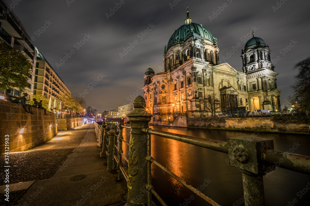 Beautiful night landscape back view of Berlin Cathedral Germany by long shutter speed style