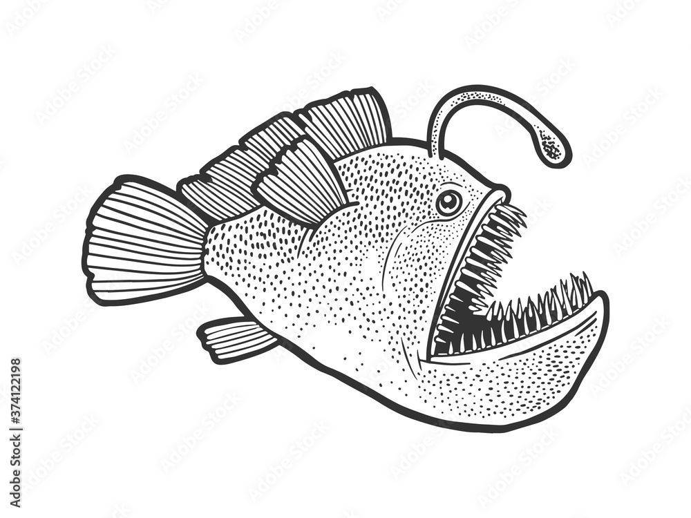 angler deep sea fish with light sketch engraving vector