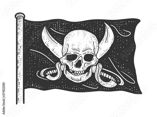 Jolly Roger blackjack pirate flag sketch engraving vector illustration. T-shirt apparel print design. Scratch board imitation. Black and white hand drawn image.