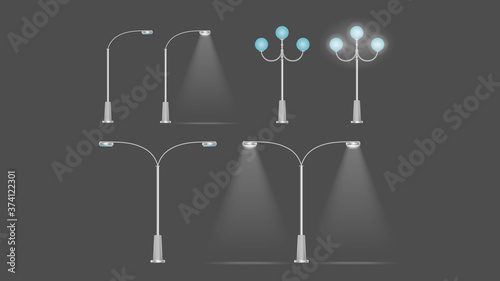 A set of Metallic lanterns that shine. Lamp post with realistic light. Vector.