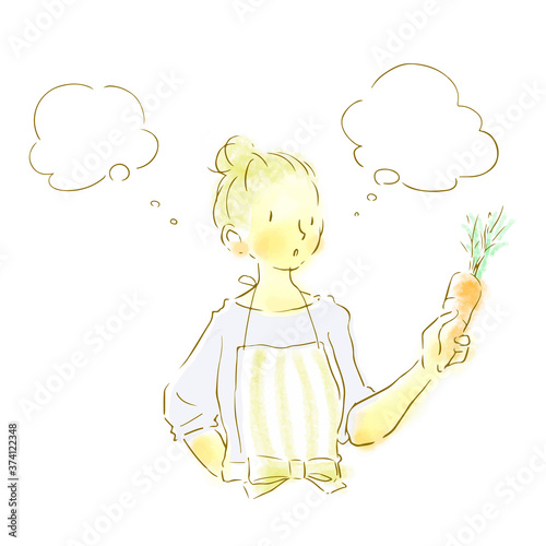 ナチュラルタッチ　手描き　真剣に野菜を選ぶエプロンの女性
