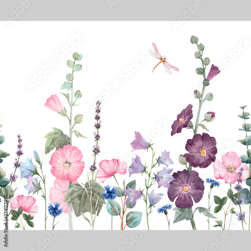 Billede på lærred Beautiful vector horizontal seamless floral pattern with watercolor summer mallow flowers