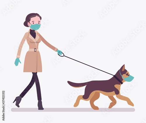 Woman walking with dog under quarantine both wearing masks. Pet owner taking puppy for walk, following infection protection measures and restrictions from virus. Vector flat style cartoon illustration