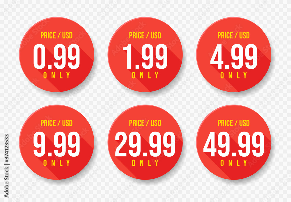 Vetor de Red USD Price stickers set. Sale 0.99 1.99 4.99 9.99 29.99 and 49.99  Dollars Only Offer Badge Sticker Design in Flat Style. Vector do Stock