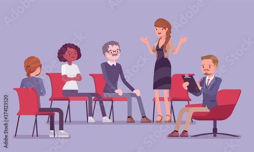 Support group meeting, medical and professional program. Community members brainstorming, patients sharing coping problems, ideas to feel more happy, confident. Vector flat style cartoon illustration