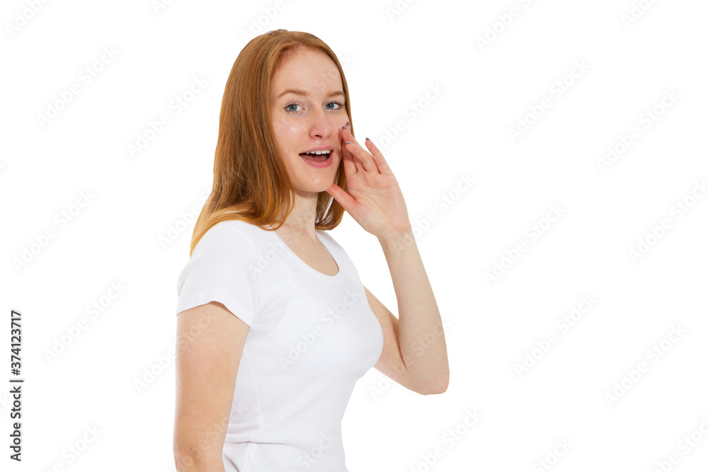 Young woman telling something, red head girl telling a secret. Portrait young happy woman who is calling to someone. Funny girl model whispering about something. Young woman telling something, red head girl telling a secret. Portrait young happy woman who is calling to someone. Funny girl model whispering about something.