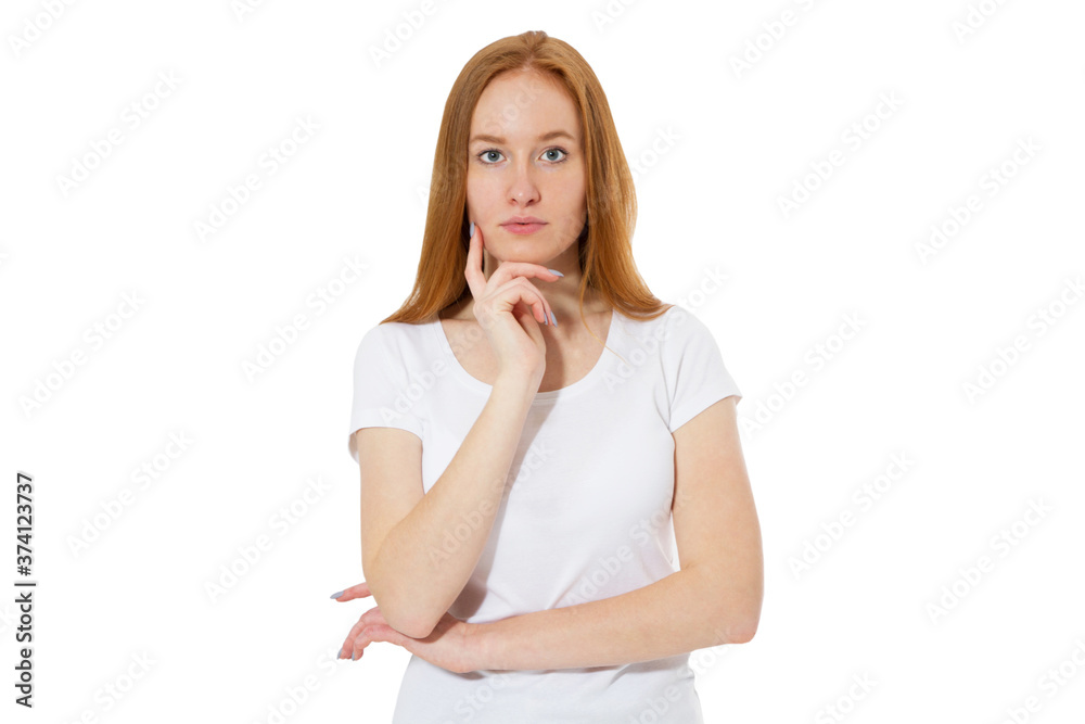 Thinking woman looking at camera - isolated on white Thinking woman looking at camera - isolated on white