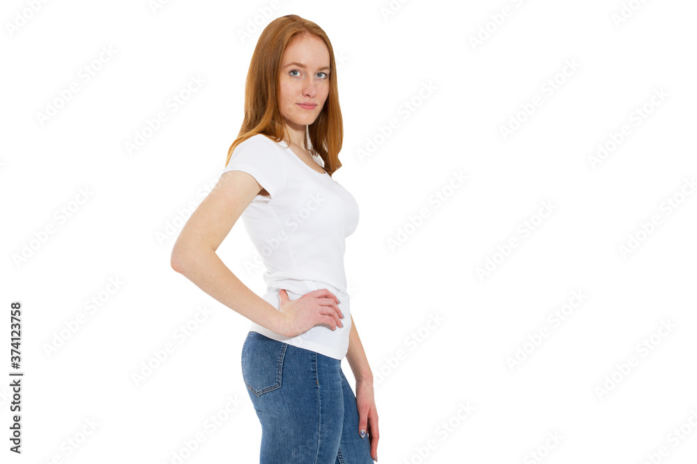 Beautiful Scandinavian smile lady girl stands with on a white background with a hand on a belt Beautiful Scandinavian smile lady girl stands with on a white background with a hand on a belt