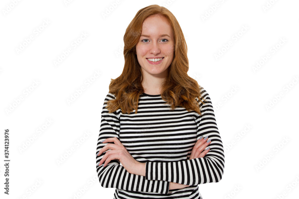 Beautiful young redhead woman on white background. Happy beautiful young red head woman copy space. Attractive red hair girl looking at camera. Beautiful young redhead woman on white background. Happy beautiful young red head woman copy space. Attractive red hair girl looking at camera.