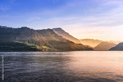 Beautiful landscape nature sunset include mountain lake against sky of Luzern Switzerland