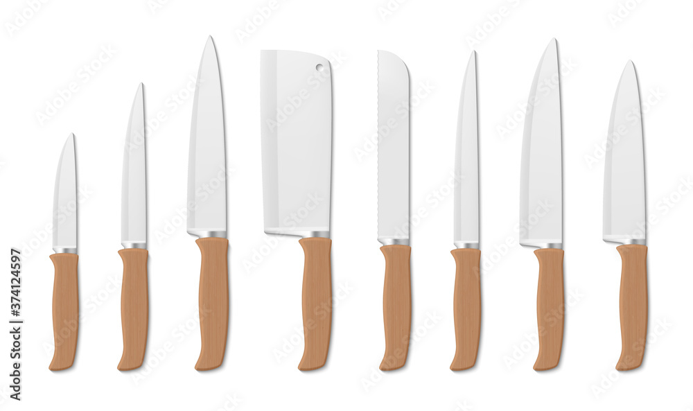 Knives kitchen steel with wooden handles realistic mockups set. Tools with blades for chopping, cutting. Knives kitchen steel with wooden handles realistic mockups set. Tools with blades for chopping, cutting.