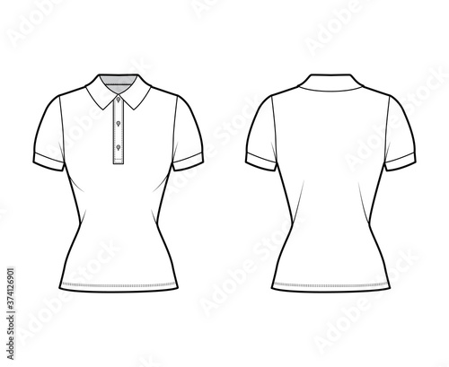 Polo shirt technical fashion illustration with cotton-jersey short sleeves, close fit, buttons along the front. Flat outwear apparel template front, back, white color. Women men unisex top CAD mockup