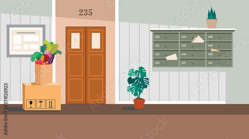 Vector residential corridor with window, door and stairs. Interior of the 1st floor. Vector illustration of the interior of a room corridor or hallway for background, print, web.