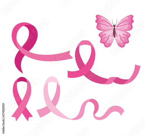 set of pink ribbons with butterfly on white background vector illustration design