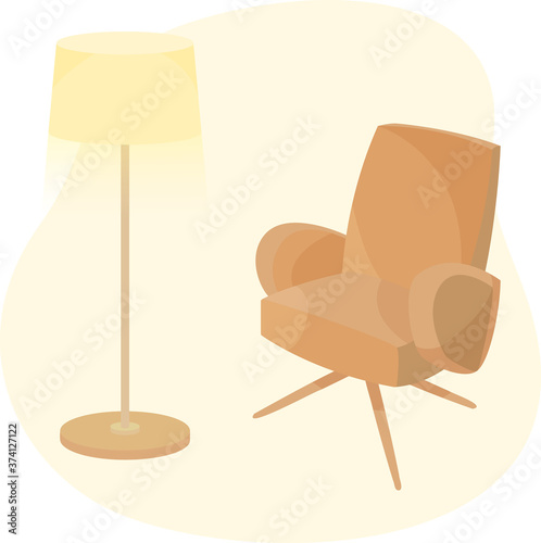 Cozy hygge style. Warm autumn mood. Floor lamp and retro armchair on wooden legs. Fashionable chair. Evening chill relaxation. Cute flat cartoon vector illustration. Fall vibes, home design.