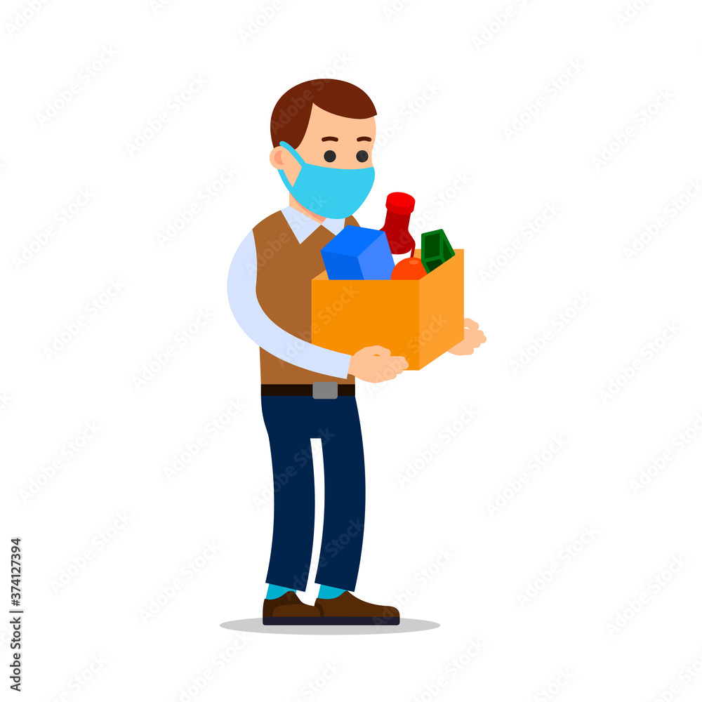 Young man in protective medical mask brought food. Delivery of products during quarantine due to coronavirus epidemic. Help people concept. Illustration on white background