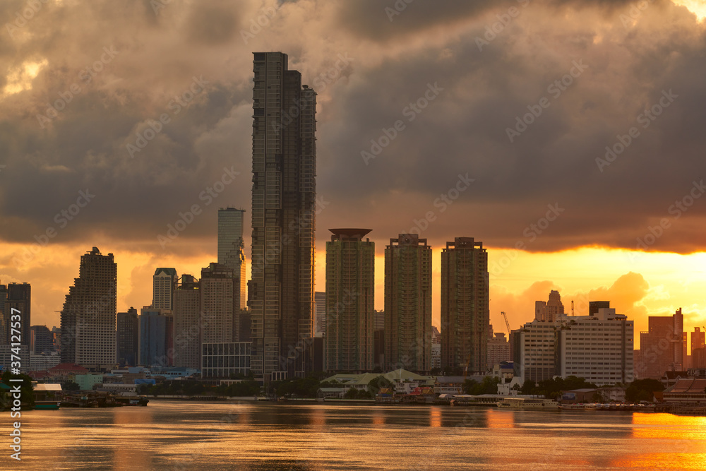 sunrise skyline with bangkok cityscape golden light sky