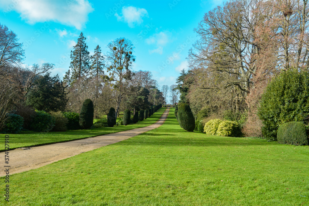 The gardens, lawn and pathway of a country park estate in England with green grass and hedges