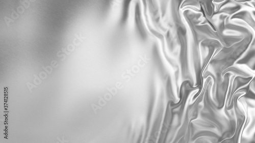 Smooth elegant wavy silver silk satin texture with copy space. Silver cloth abstract background. 3D rendering. photo