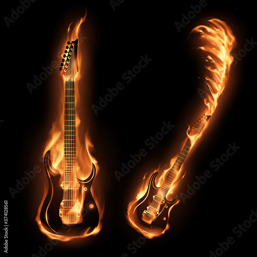 Two guitars in fire flames