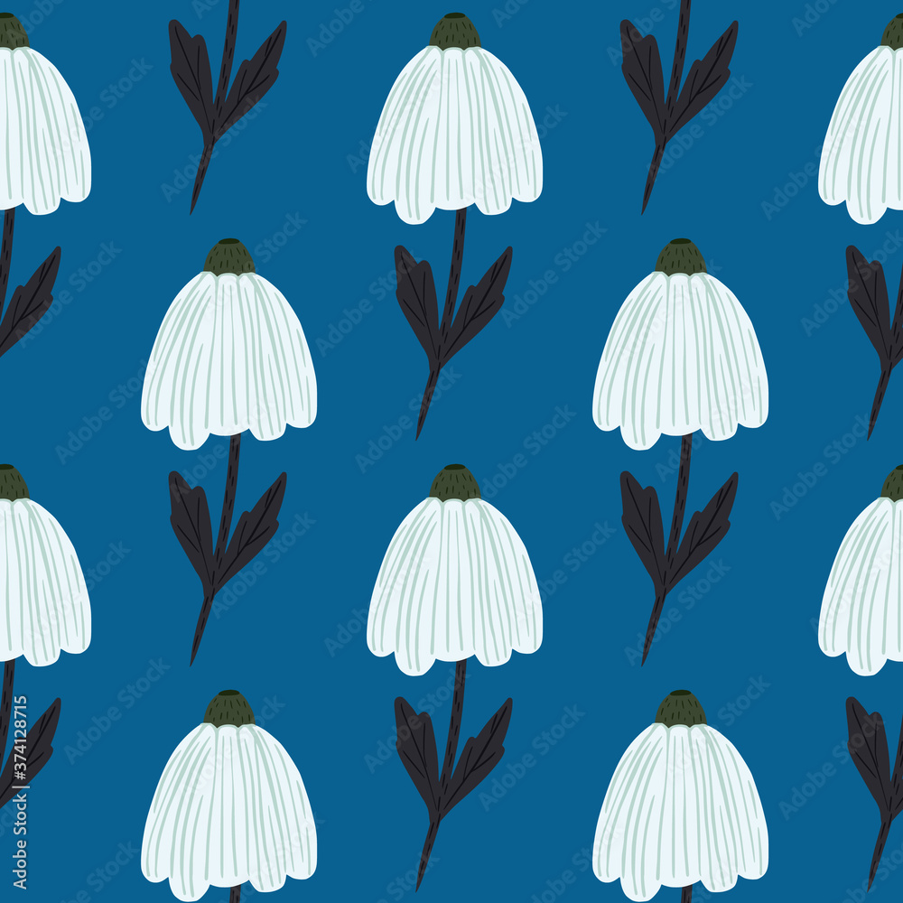 Obraz premium Chamomile buds in white and black colors seamless pattern. Simple doodle elements on bright navy blue background.