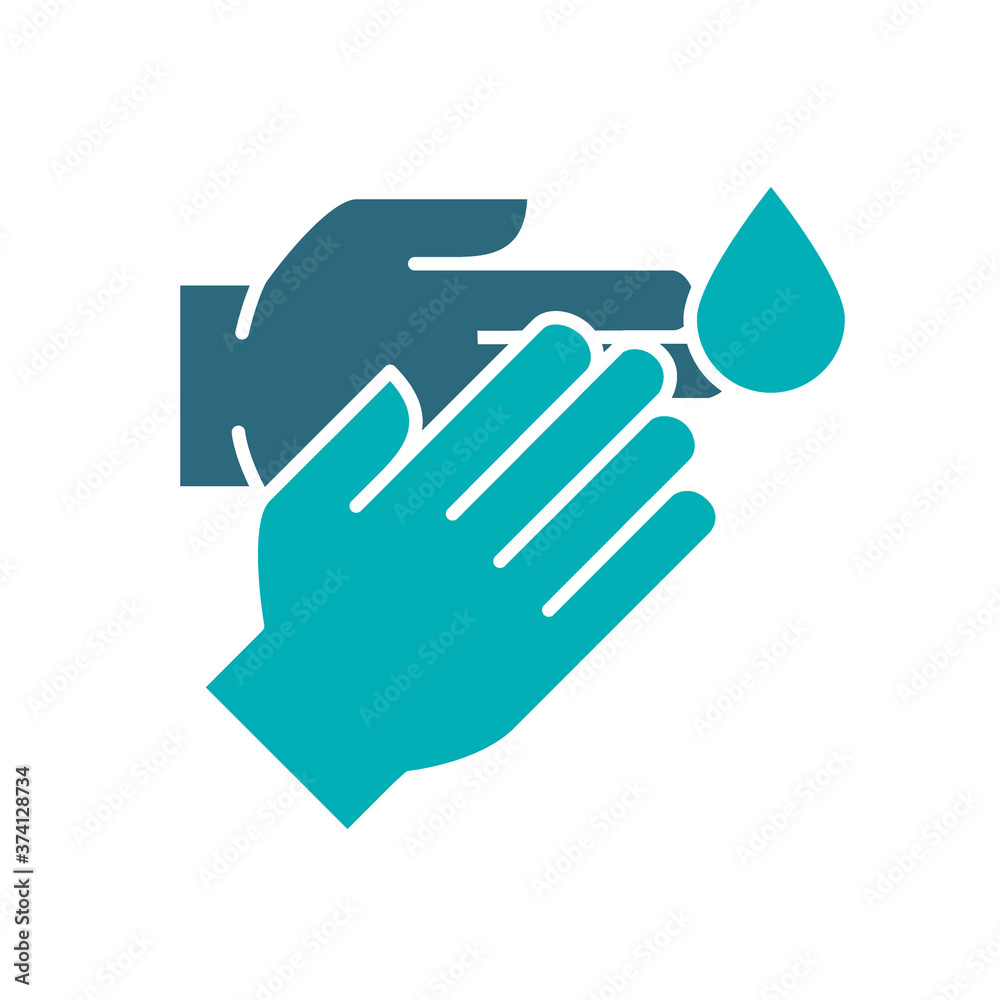 Human hands with disinfectant drop colored icon. Cleaning supply, hand disinfection symbol