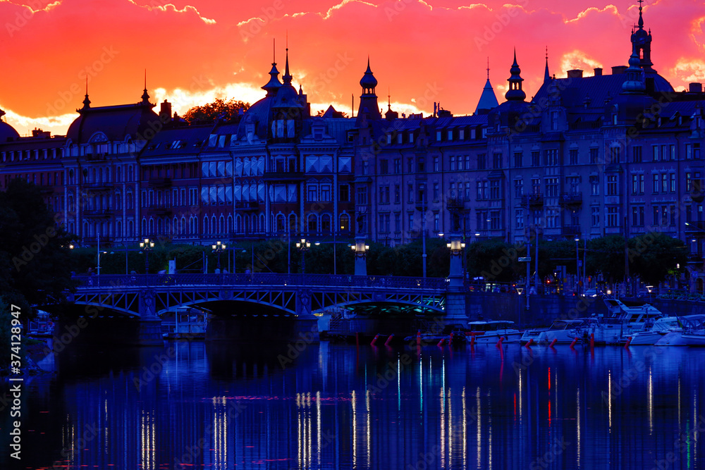 Fototapeta premium Stockholm, Sweden A golden sunset over Strandvägen.