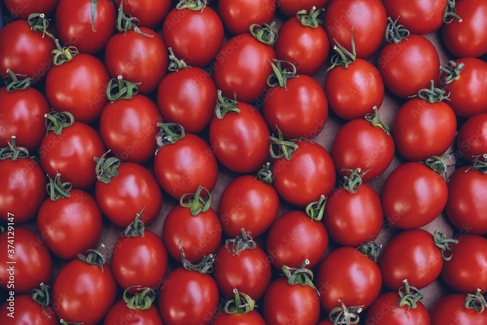 Delicious red tomatoes. Summer tray market agriculture farm full of organic vegetables It can be used as background. (selective focus) Delicious red tomatoes. Summer tray market agriculture farm full of organic vegetables It can be used as background. (selective focus)