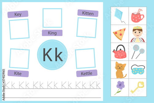 Alphabet tracing worksheet for preschool and kindergarten. Writing practice letter K. Exercises with cards for kids. Vector illustration