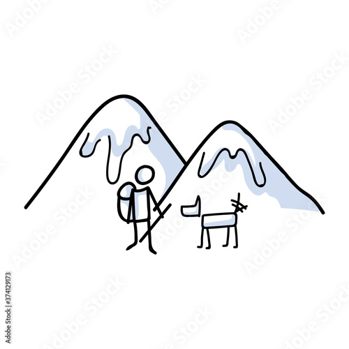 Hand drawn stickman hiking with dog concept. Simple outdoor vacation doodle icon for staycation, family travel adventure clipart. Simple getaway figure illustration. 