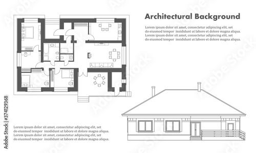 Architectural background. Part of architectural project, architectural plan and facade of a residential building.