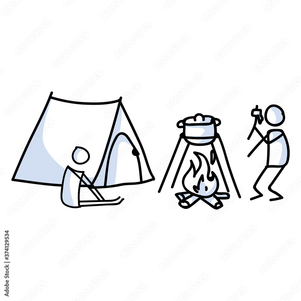 Hand drawn stickman camping tent and campfire concept. Simple outdoor ...